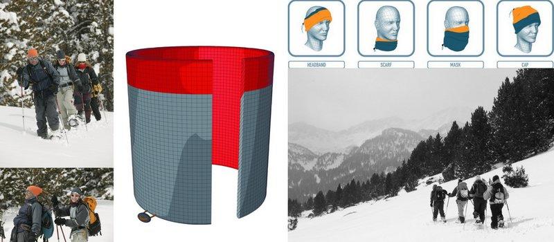 Collage showing people wearing the Neck Warmer Buff® in the snow as scarf, face mask, earwarmer and beanie