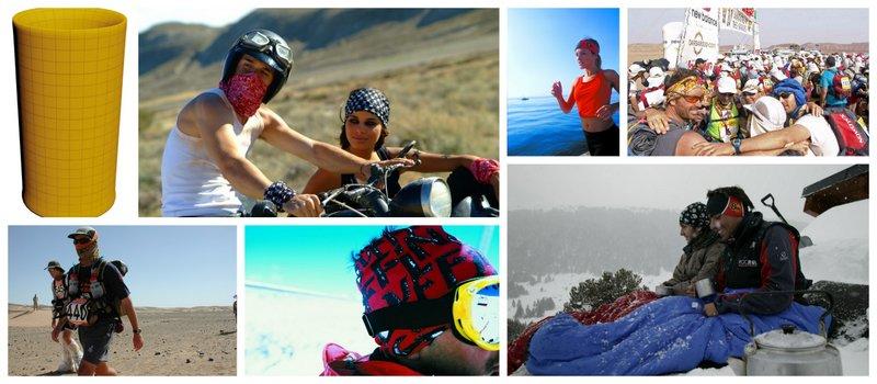 Collage of an Original Buff® used in Motorcycling, Jogging, Marathon des Sables, the desert, in the snow, snowboarding