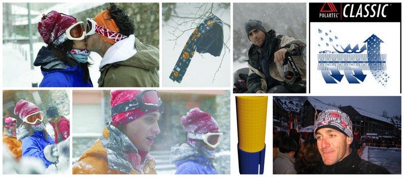 Collage of people wearing a Polar Buff® in the snow as scarf, beanie and facemask
