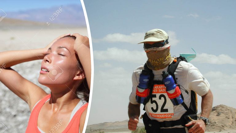 Photomontage Left image: Stock photo - A woman in a desert looking overheated, thirsty and close to a heat stroke. Copyright: maridav / 123RF Stock Photo Right image A participant of the Marathon Des Sables running through the desert. He is wearing a custom made BUFF® Coolnet UV+ as face mask. Distributed by Original Buff® S.A. for the promotion of Buff® products