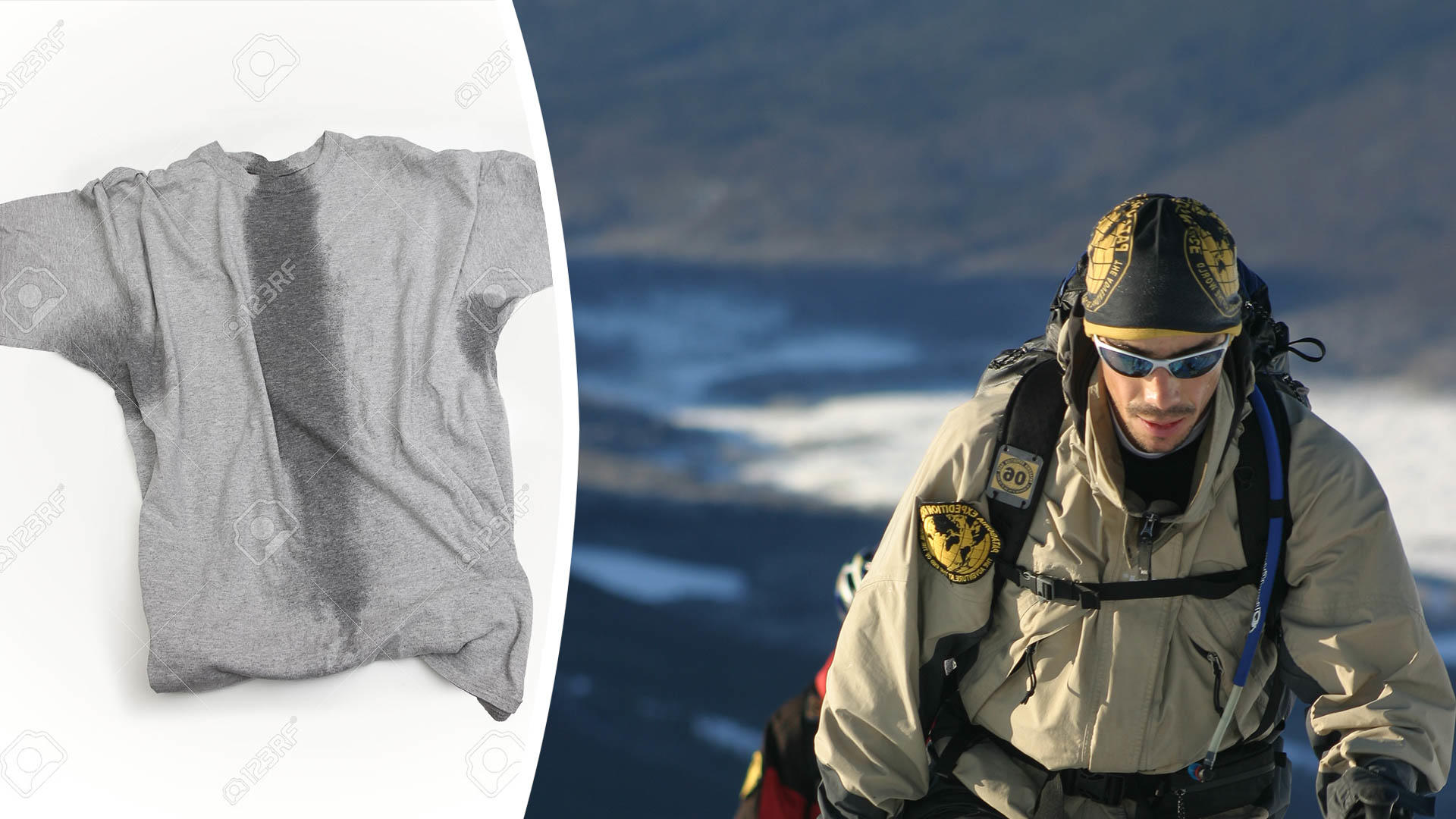 Photomontage Left image Stock photo. A grey t-shirt with sweat stains under sleeves and through the torso. Copyright: mjdphotography / 123RF Stock Photo Right Image A participant of an Adventure Race in Patagonia hikes up a mountain in full alpine gear. He is wearing an Original Buff® as beanie. You can see sweat on his face but the Buff® looks dry. © Unknown. Released by Original Buff S.A for the promotion of Buff® products.
