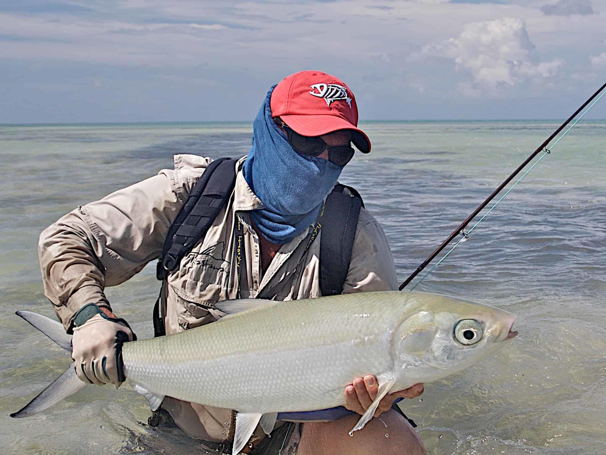A frontal landscape shot of a fly fisherman standing up to his hips in water. The man is holding a large milkfish in his hands. He is wearing a BUFF® Coolnet UV+ as face mask. Addional cap, long sleeve shirt and cap indicate that he wants total UV protection. Source: buff.eu Copyright: ©2007 Pat Ford. Given to us for the promotion of the BUFF® Coolnet UV+ in the fishing market.