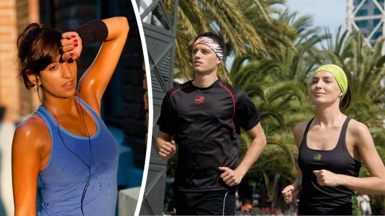 Photomontage Left image. Stock photo. Exhausted sweaty young woman after a long run. Peter Bernik © 123rf.com. Right image. Photoshoot. A male and a female model jogging. They are wearing Buff® headbands. © Original Buff® S.A. Released for the promotion of Buff® products