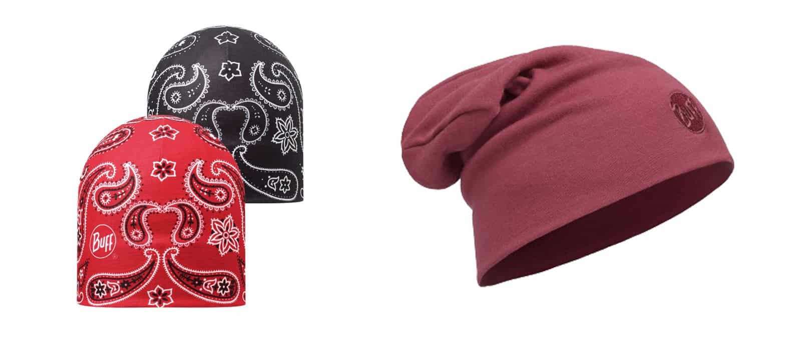 Montage of 2 different Buff® products. The Microfiber Reversible Hat Buff® & the Hood Buff®. The microfiber hat image is a composite of the inside & outside of the design 