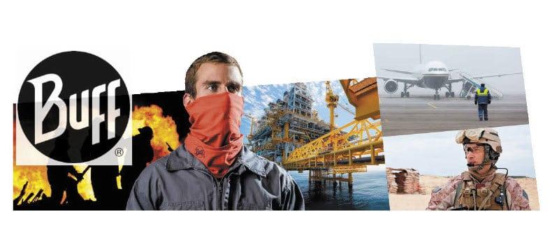 Collage of the Buff Professional Collection in use in fire fighting, on oil rigs, in the army, on the airfield and in the kitchen