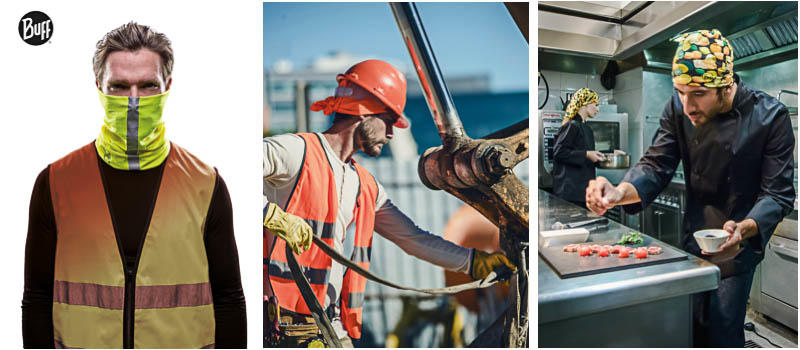 Collage showing the Dry Cool Buff® used as face mask in mining, as helmet liner in construction and as hair net in the kitchen.