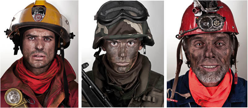 Collage showing the Nomex® Fire Resistant Buff® worn by a fire fighter, a soldier and a miner.