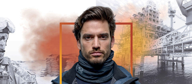 A photo montage showing a man in warm clothes wearing a Professional Fire Resistant Polar Buff®. To the left is a soldier. To the right is a oil or gas platform somewhere out in the ocean. Source: Buff® Denmark