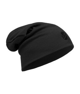 A studio photo of the Heavyweight Merino Wool Loose Hat design "Solid Black". Source: buff.eu