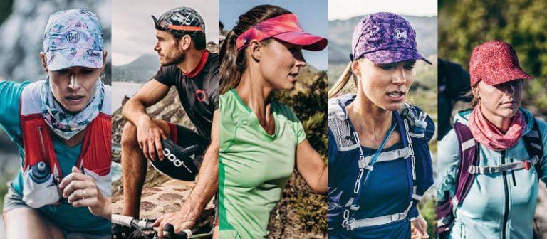 A photo montage of the 5 different caps Buff® offers. The first is the Pack Run Cap for ultra running. The second is the Pack Bike Cap for road cycling. The 3rd is the Pack Run Visor for ultra running. The 4th is the Pro Run Cap for jogging/running. The 5th is the Pack Treck Cap for hiking or trekking. Source: buff.eu