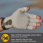 A montage of the Buff® Water Glove base showing a photo of a glove on a male hand. Underneath are a Buff® logo and an explanation of the base features