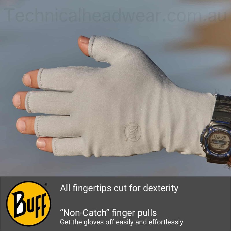 A montage of the Buff® Water Glove backhand showing a photo of a glove on a male hand. Underneath are a Buff® logo and an explanation of the back hand features