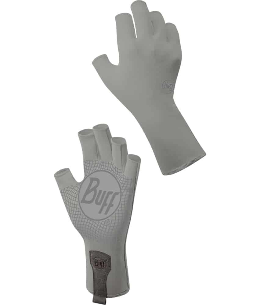Studio Montage of the Water Glove Design "Light Grey". It shows the glove from the palm and the backhand side. Source: buff.eu