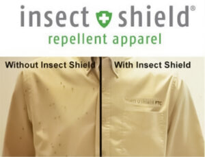 A composition showing a shirt on the left without Insectshield treatment and one on the right with Insectshield treatment. The shirt on the left has lots of mosquitos on it. The shirt on the right none.