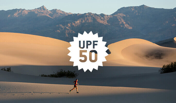 A montage showing a runner running through a desert. Superimposed is a logo of saying UPF50. Source: buff.eu