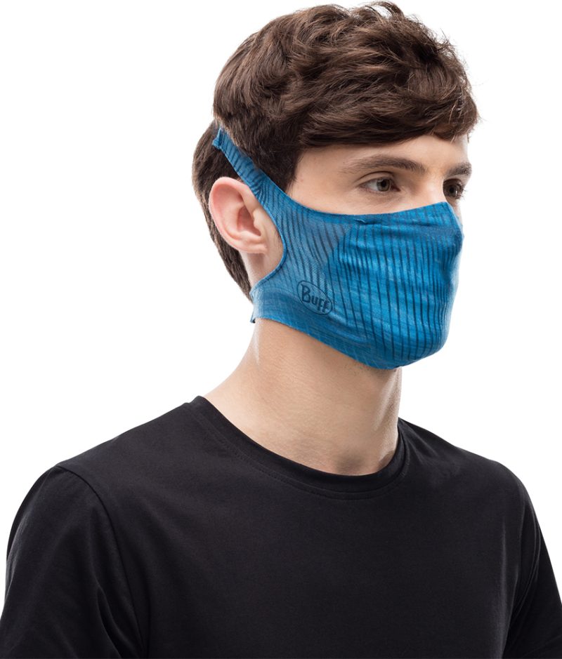 Studio photo of BUFF® Filter Mask Design "Keren Blue" worn by a man. Source: buff.eu
