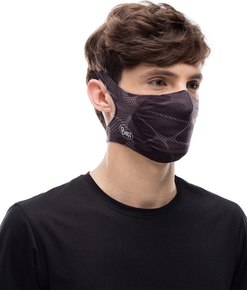 Studio photo of BUFF® Filter Mask Design "Ape-X Black" worn by a man. Source: buff.eu