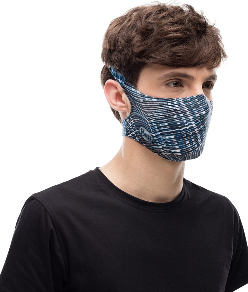 Studio photo of BUFF® Filter Mask Design "Bluebay" worn by a man. Source: buff.eu