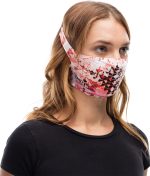 Studio photo of BUFF® Filter Mask Design "Azir Multi" worn by a woman. Source: buff.eu