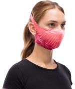 Studio photo of BUFF® Filter Mask Design "Keren Flash Pink" worn by a woman. Source: buff.eu