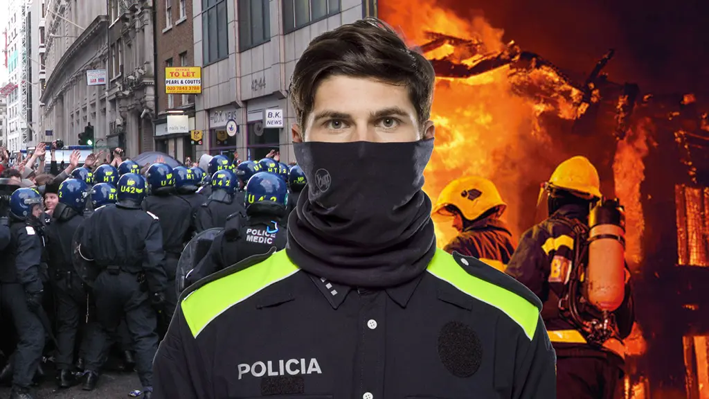 A montage showing a policeman wearing a Cut+Fire Resistant BUFF® as a face mask. In the background, you have a scene of police forces controlling a demonstration. On the right-hand side, you have structural fire fighters attending a burning house.