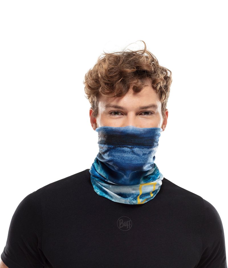 Studio photo of a Man wearing the BUFF® Coolnet UV+ National Geographic Collection Design “Zankor Multi”. Source: buff.eu