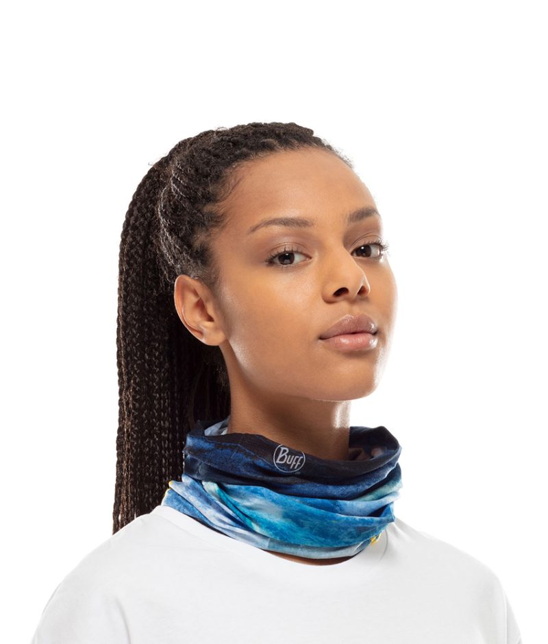 Studio photo of a Woman wearing the BUFF® Coolnet UV+ National Geographic Collection Design "Zankor Multi”. Source: buff.eu
