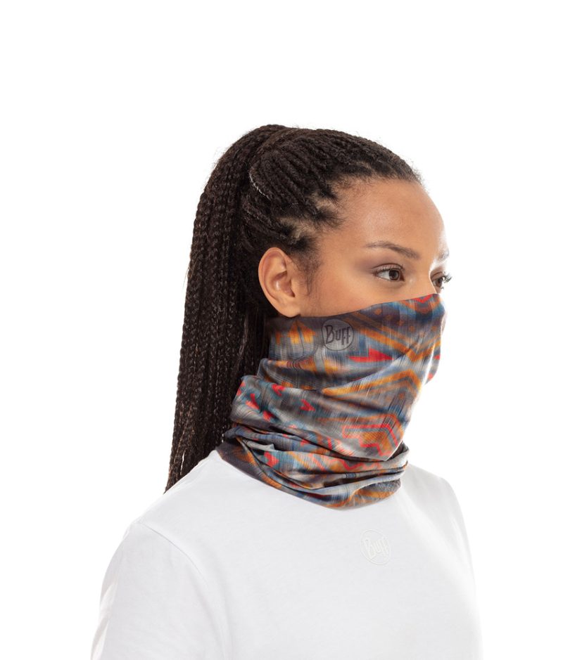 Studio photo of a Woman wearing the BUFF® Coolnet UV+ Design "Wild Multi”. Source: buff.eu