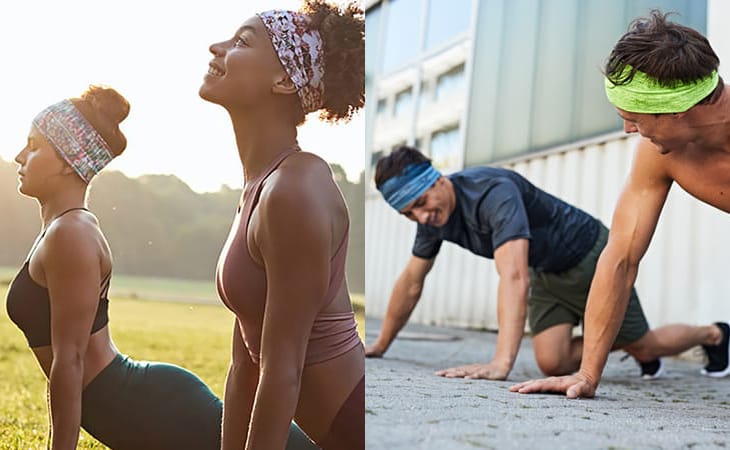 This collage shows 2 images side by side. The left image is 2 women in a yoga pose somewhere outside in nature. The image to right shows 2 men doing push-ups in front of a CrossFit training centre. Image source: buff.eu. Collage by technicalheadwear.com.au