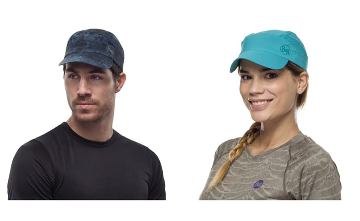 A montage of a man and a woman wearing the BUFF® Pack Trek Cap. They are both wearing lightweight, short-sleeved hiking shirts for trekking in a hot and sunny environment.