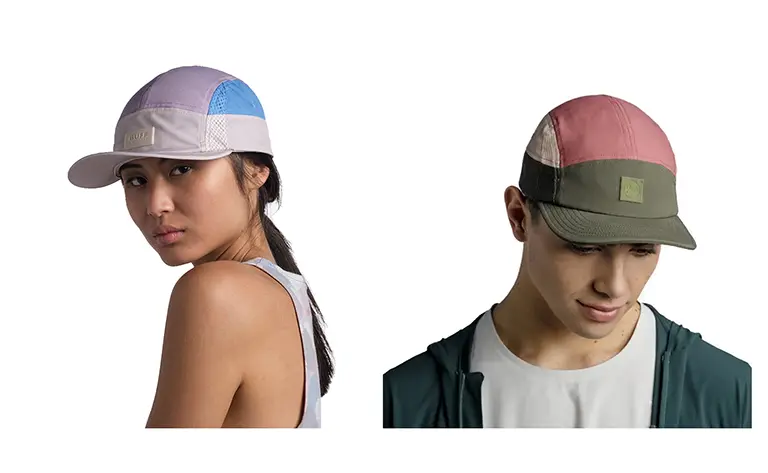 A montage of a woman and a man wearing a BUFF® 5 Panel Go Cap. Source: buff.eu