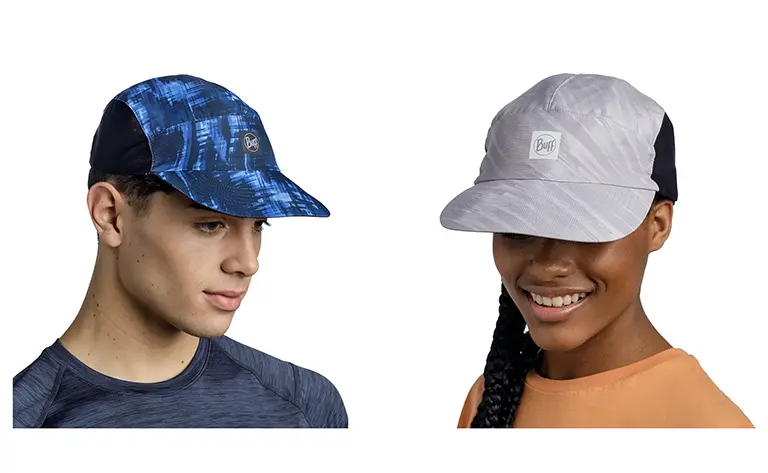A montage of a young man and woman wearing a BUFF® Speed Cap. Both persons are looking downwards so that the size of the visor becomes obvious. Source: buff.es