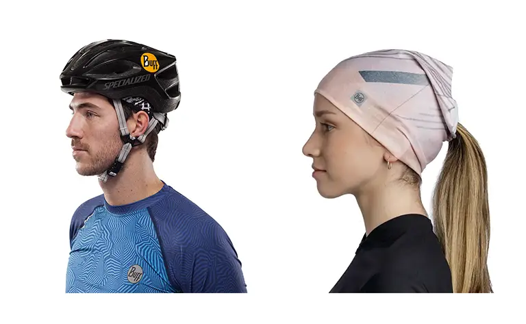 A photomontage showing a man and a woman wearing the BUFF® Coolnet UV® Underhelmet Headband. The man on the left has a Specialised® helmet on. The woman on the right is shown from the side to illustrate the size of the headband. Image source: buff.eu