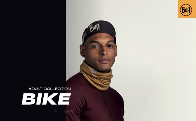 A montage showing a young man waring cold weather cycling gear and a BUFF® Merino Lightweight Bike Collection as a scarf.