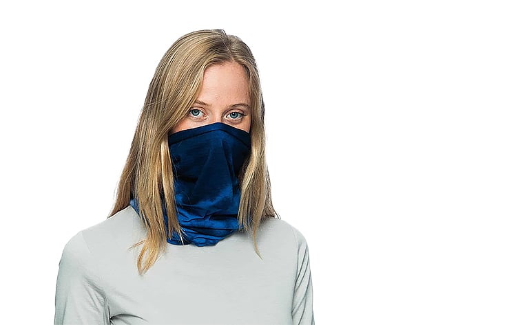 A montage showing a young woman wearing a BUFF® Merino Lightweight Slim Fit Size as a face mask