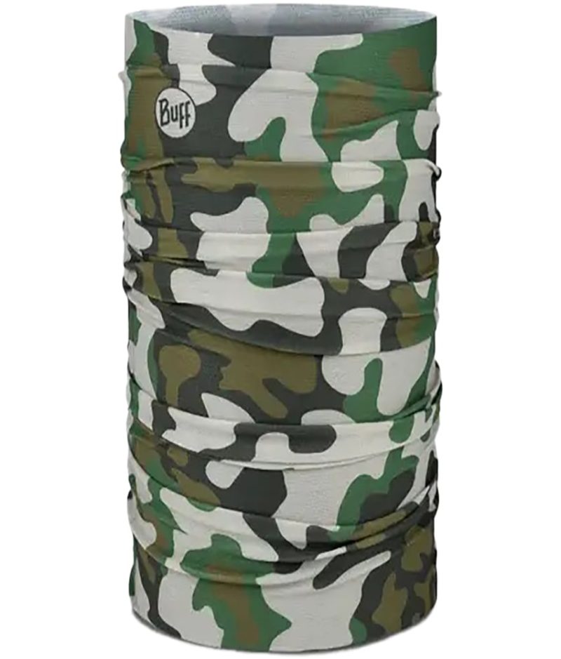 Studio photo of the BUFF® Coolnet UV® Multifunctional Headwear / Neckwear Tube Design ”Enob Khaki”. Source: buff.eu