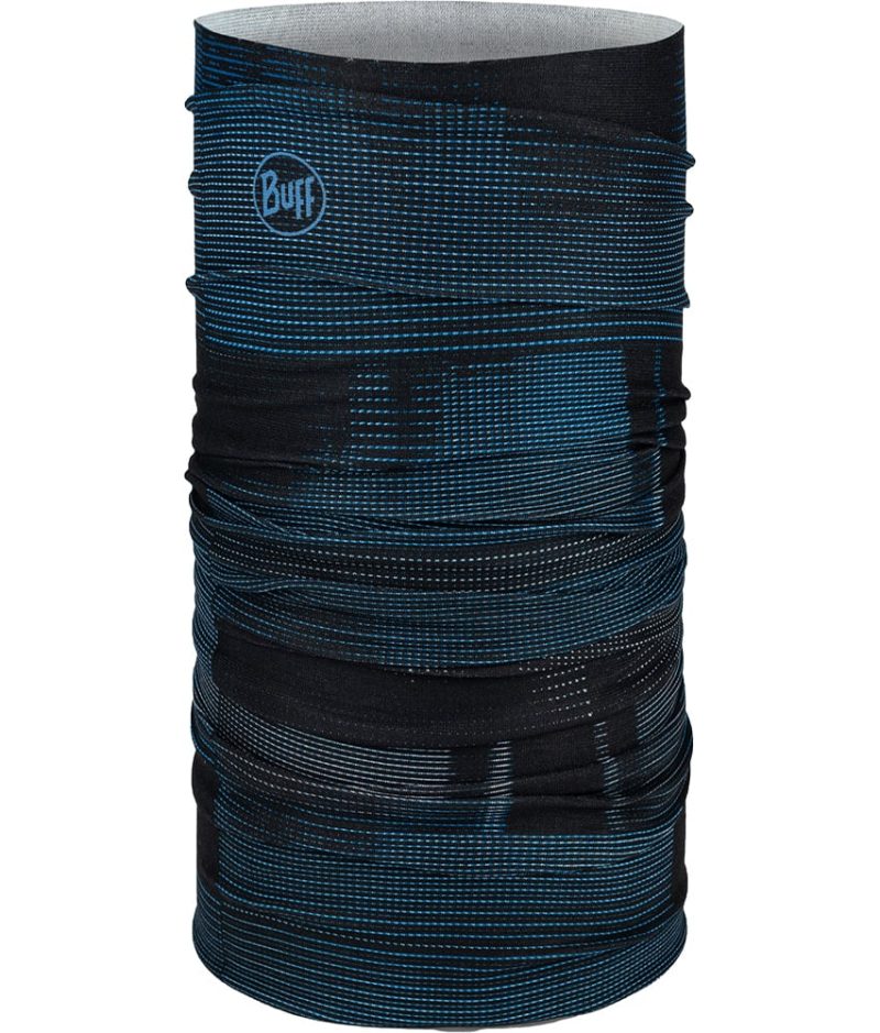 Studio photo of the BUFF® Coolnet UV+ Multifunctional Headwear / Neckwear Tube Design ”Malc Night Blue”. Source: buff.eu