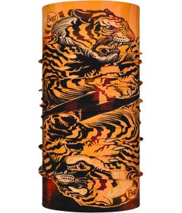 Studio photo of the BUFF® Original Ecostretch® Multifunctional Headwear / Neckwear Tube Design ”Tigers Orange”. Source: buff.eu